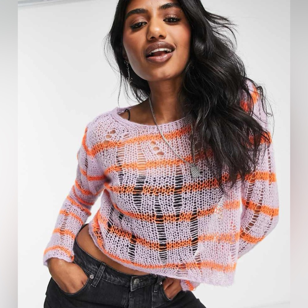 NWT ASOS DESIGN sweater in sheer knit in stripe pattern in lilac US 4 - Picture 1 of 5